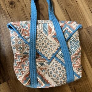 Handmade tote Quilt Patterned  Bag with Blue Accents
